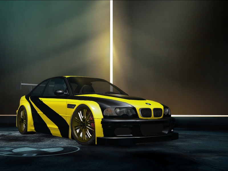 my bmw m3 e46 with the hero vinyl (hero livery) from nfs most wanted 2012 but with black paint and yellow vinyl