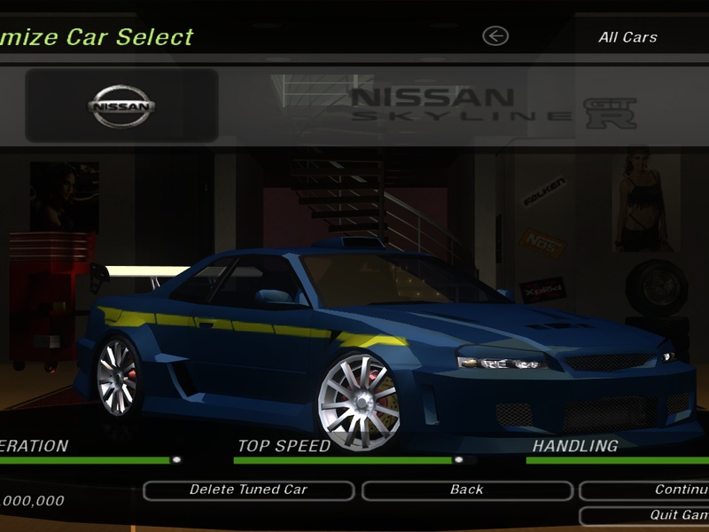 Player's Nissan Skyline GT-R R34 V-Spec from the career intro (complete with painted Airforce spoilers)